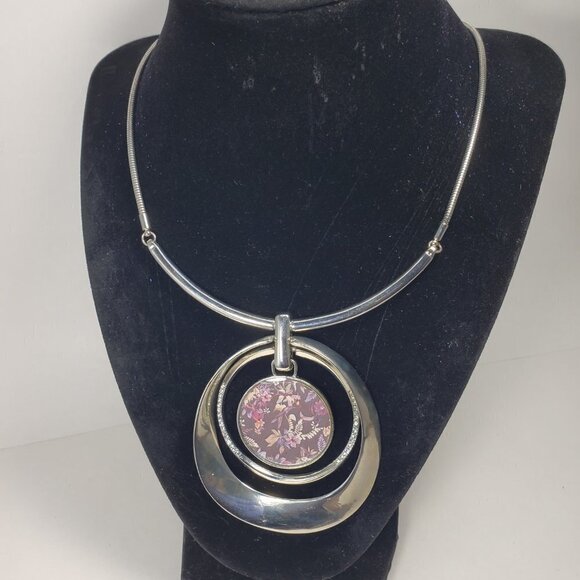 Multi Hoops Flower Pendant Statement Necklace - Polished Silver tone - Picture 9 of 10